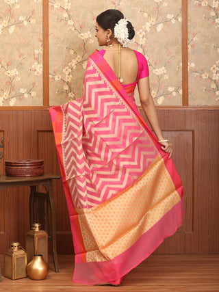 Pink Mercerised Cotton Banarasi With Geometric And Chevron Patterns