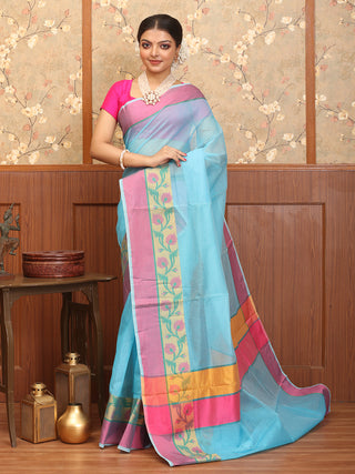 Blue-Fuchsia Mercerised Cotton Banarasi With Floral Border