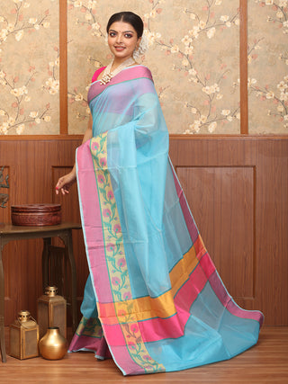 Blue-Fuchsia Mercerised Cotton Banarasi With Floral Border