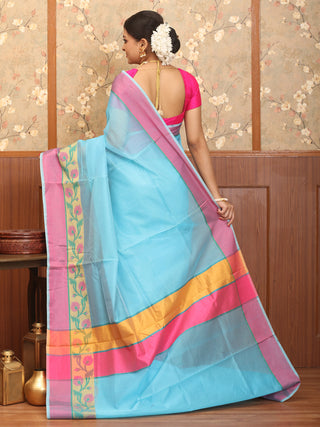 Blue-Fuchsia Mercerised Cotton Banarasi With Floral Border