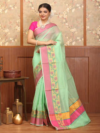 Sea Green-Fuchsia Mercerised Cotton Banarasi With Floral Border