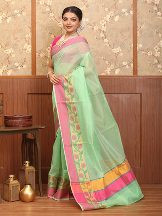 Sea Green-Fuchsia Mercerised Cotton Banarasi With Floral Border