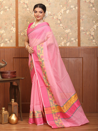 Pink-Fuchsia Mercerised Cotton Banarasi With Floral Border