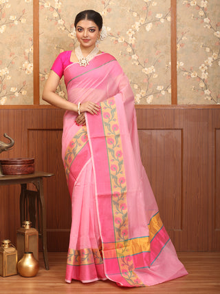 Pink-Fuchsia Mercerised Cotton Banarasi With Floral Border