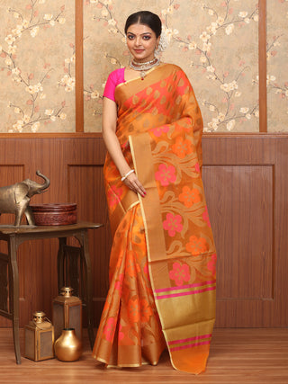 Orange Blended Silk Banarasi With All-Over Floral Jaal