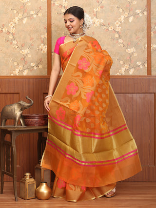 Orange Blended Silk Banarasi With All-Over Floral Jaal