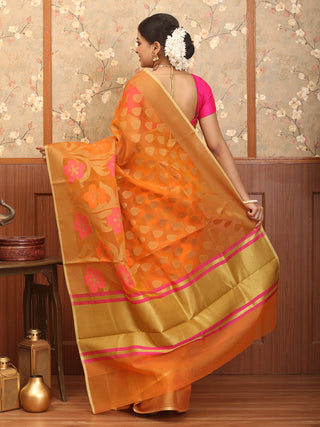 Orange Blended Silk Banarasi With All-Over Floral Jaal