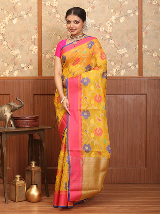 Yellow-Fuchsia Supernet Banarasi With Multicolour Floral Jaal