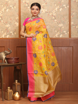 Yellow-Fuchsia Supernet Banarasi With Multicolour Floral Jaal