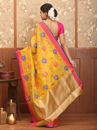 Yellow-Fuchsia Supernet Banarasi With Multicolour Floral Jaal