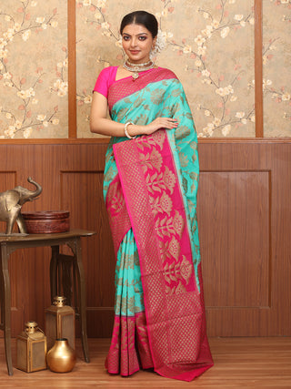 Teal Blue-Magenta Semi-Dupion Banarasi With All-Over Antique Floral Jaal