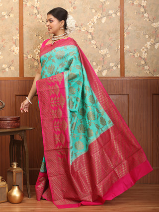 Teal Blue-Magenta Semi-Dupion Banarasi With All-Over Antique Floral Jaal