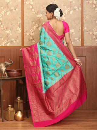 Teal Blue-Magenta Semi-Dupion Banarasi With All-Over Antique Floral Jaal