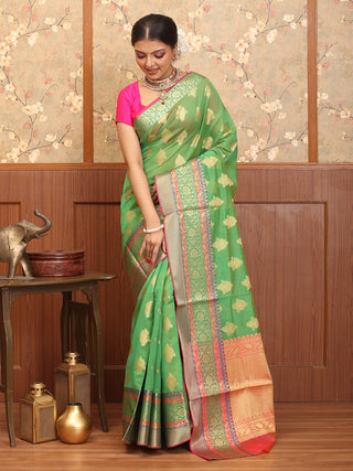 Green Cotton Silk Banarasi With Grand Body, Border And Pallu