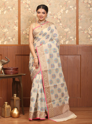 Beige Mercerised Cotton Banarasi With "Tree of Life" Butas