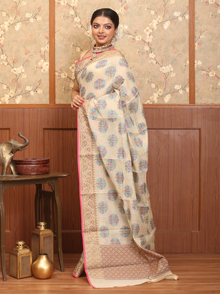 Beige Mercerised Cotton Banarasi With "Tree of Life" Butas