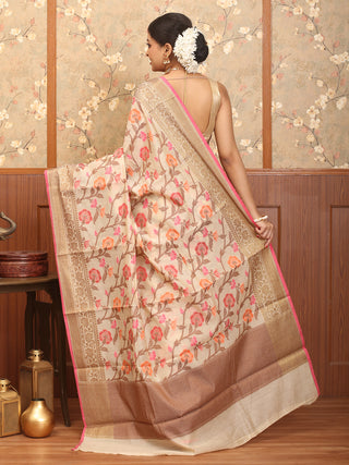 Light Beige Mercerised Cotton Banarasi With Floral Jaal