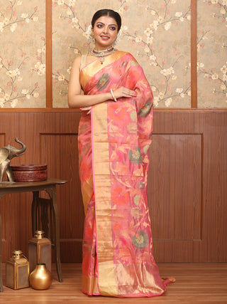 Pink Pure Tissue Patola Banarasi With Multicolour Floral Jaal