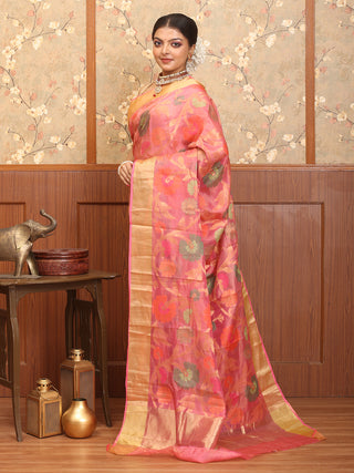 Pink Pure Tissue Patola Banarasi With Multicolour Floral Jaal