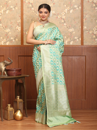 Blue-Green Rangkat Semi Katan Banarasi Silk With Matte Gold Border