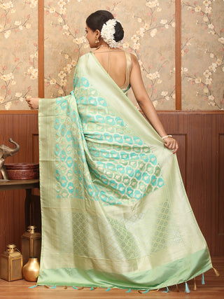 Blue-Green Rangkat Semi Katan Banarasi Silk With Matte Gold Border