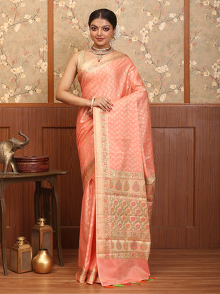 Peach Cotton Silk Banarasi Saree With Floral Border And Pallu