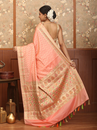 Peach Cotton Silk Banarasi Saree With Floral Border And Pallu