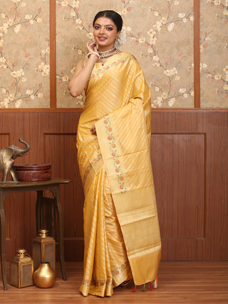 Yellow Ochre Cotton Silk Banarasi Saree With Floral Border And Pallu