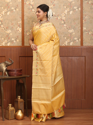 Yellow Ochre Cotton Silk Banarasi Saree With Floral Border And Pallu