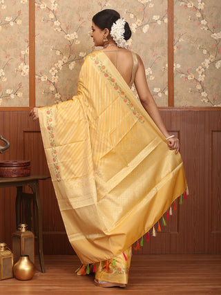 Yellow Ochre Cotton Silk Banarasi Saree With Floral Border And Pallu