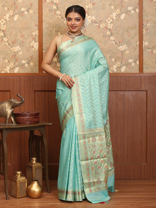 Sky Blue Cotton Silk Banarasi Saree With Floral Border And Pallu