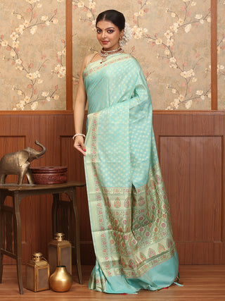 Sky Blue Cotton Silk Banarasi Saree With Floral Border And Pallu