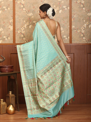 Sky Blue Cotton Silk Banarasi Saree With Floral Border And Pallu