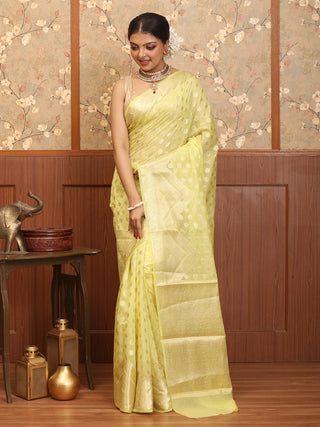 Lemon Green Semi Georgette Banarasi With Light Gold Zari Weaves