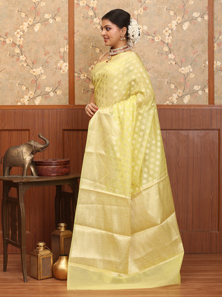 Lemon Green Semi Georgette Banarasi With Light Gold Zari Weaves