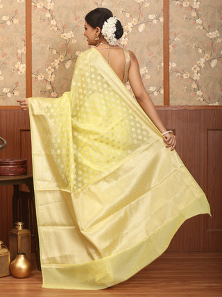Lemon Green Semi Georgette Banarasi With Light Gold Zari Weaves