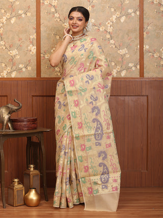 Sandal Colour Supernet Banarasi With Multicolour Patola Weaves
