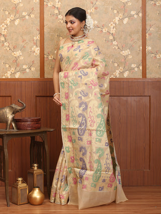 Sandal Colour Supernet Banarasi With Multicolour Patola Weaves