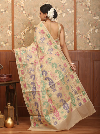 Sandal Colour Supernet Banarasi With Multicolour Patola Weaves