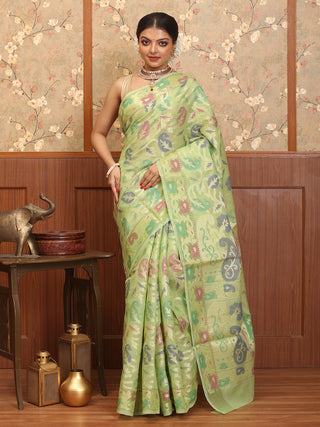 Pista Green Supernet Banarasi With Multicolour Patola Weaves