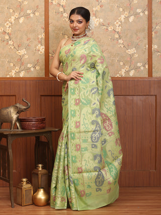 Pista Green Supernet Banarasi With Multicolour Patola Weaves