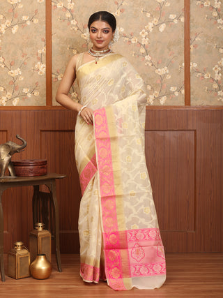 Cream-Fuchsia Mercerised Cotton Banarasi With Floral Patola Jaal