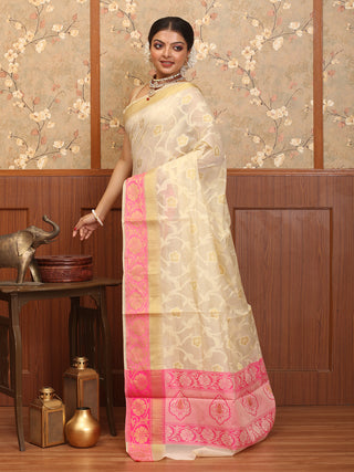 Cream-Fuchsia Mercerised Cotton Banarasi With Floral Patola Jaal