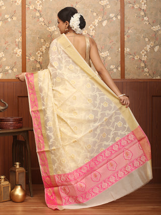 Cream-Fuchsia Mercerised Cotton Banarasi With Floral Patola Jaal