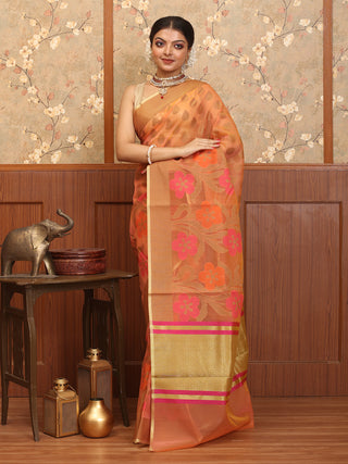 Orange Blended Silk Banarasi With Floral Jaal