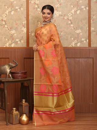 Orange Blended Silk Banarasi With Floral Jaal