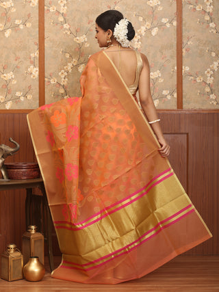 Orange Blended Silk Banarasi With Floral Jaal