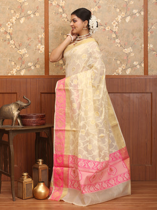 Off-White Mercerised Cotton Banarasi With Floral Patola Jaal
