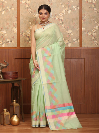 Sea-Green Supernet Banarasi With Geometric Multicolour Border