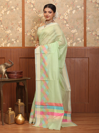 Sea-Green Supernet Banarasi With Geometric Multicolour Border